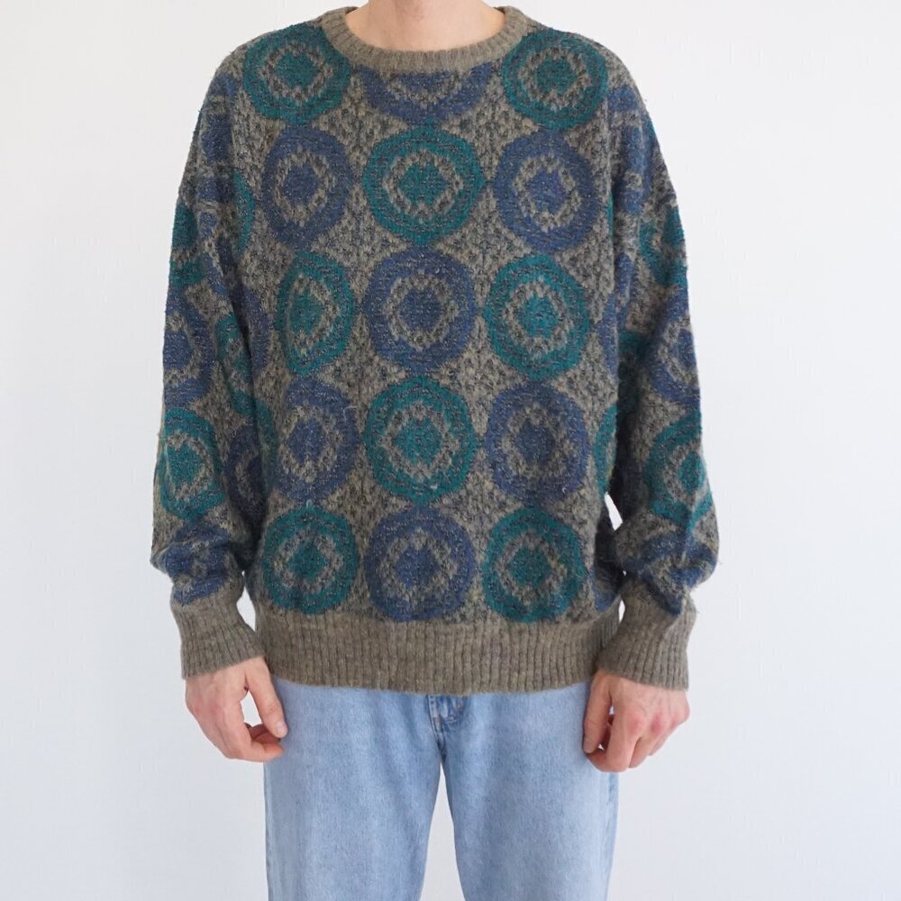 Vintage Bugatchi Uomo Olive Blue Medallion Textured Knit Sweater Large